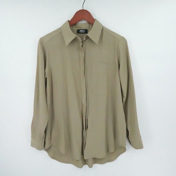 MELA PURDIE Technical Polyester Shirt Women XXS Khaki Button-Up Pocket Australia - Picture 1 of 15